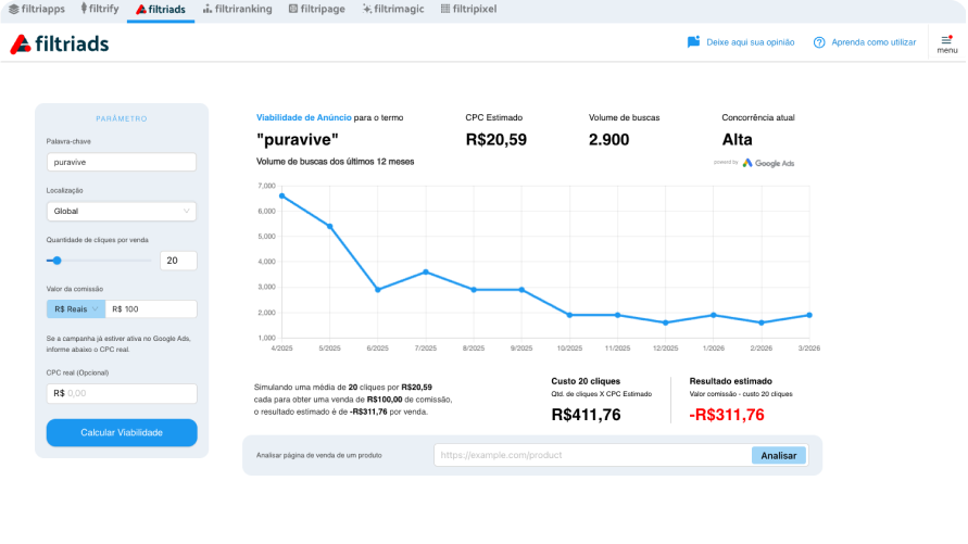 Screenshot da ferramenta de Análise de Viabilidade